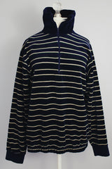 long sleeve navy striped velour half zip pullover vintage 1980's