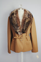 camel colored wool blazer with matching belt and raccoon fur collar trim vintage 1970's