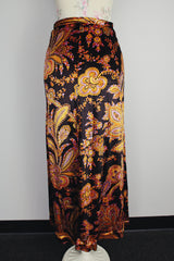 paisley printed velvet wrap skirt vintage 1970's ankle length