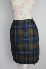 green and blue plaid print wool blend mini skirt with wrap front 1990's