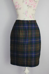 green and blue plaid print wool blend mini skirt with wrap front 1990's