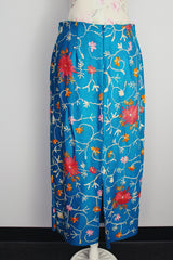midi length blue high waist pencil skirt with all over floral embroidery 1990's