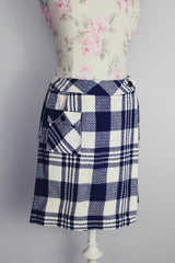 blue and white plaid print mini wrap skirt in acrylic vintage 1960's