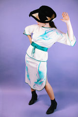 white vintage 1980's blouse and midi skirt set with watercolor print