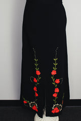 ankle length black wool skirt with floral embroidery vintage 1970's