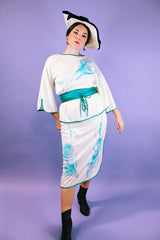 white vintage 1980's blouse and midi skirt set with watercolor print