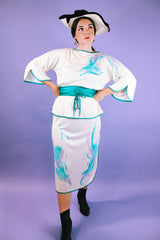 white vintage 1980's blouse and midi skirt set with watercolor print
