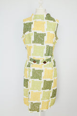 sleeveless green square print midi dress with high neck and matching belt vintage 1960's