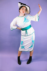 white vintage 1980's blouse and midi skirt set with watercolor print