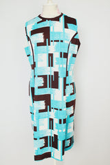 brown and blue and white printed matching jacket and dress vintage 1960's