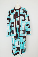 brown and blue and white printed matching jacket and dress vintage 1960's