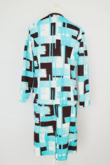 brown and blue and white printed matching jacket and dress vintage 1960's