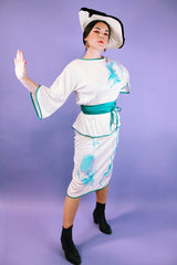 white vintage 1980's blouse and midi skirt set with watercolor print