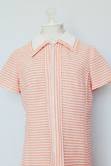 short sleeve orange and white striped midd length half zip dress vintage 1970's