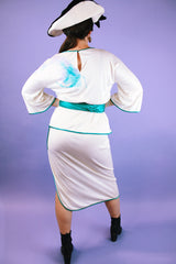 white vintage 1980's blouse and midi skirt set with watercolor print
