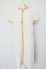 short sleeve white midi length dress with gold metallic dots and trim vintage 1970's