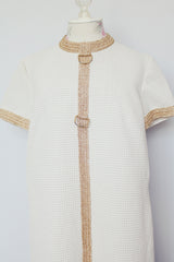 short sleeve white midi length dress with gold metallic dots and trim vintage 1970's