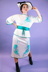 white vintage 1980's blouse and midi skirt set with watercolor print