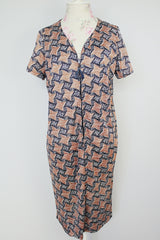 black and brown abstract print short sleeve mid length zip up dress vintage 1960's