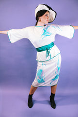 white vintage 1980's blouse and midi skirt set with watercolor print
