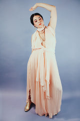 pink blush colored pleated halter dress floor length vintage 1980's