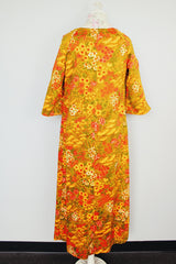 yellow floral printed ankle length dress with cut out sleeves vintage 1960's