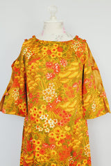 yellow floral printed ankle length dress with cut out sleeves vintage 1960's