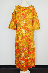 yellow floral printed ankle length dress with cut out sleeves vintage 1960's