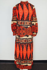maxi length long puff sleeve dress with mock neck red with all over print vintage