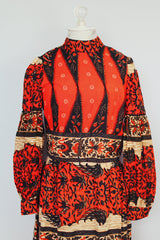 maxi length long puff sleeve dress with mock neck red with all over print vintage