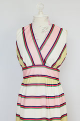sleeveless maxi dress white stripe print v neck polyester 1970's vintage