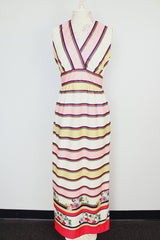 sleeveless maxi dress white stripe print v neck polyester 1970's vintage