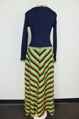 twofer long sleeve maxi dress polyester navy top part with green striped skirt vintage 1970's