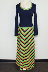 twofer long sleeve maxi dress polyester navy top part with green striped skirt vintage 1970's