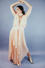 pink blush colored pleated halter dress floor length vintage 1980's