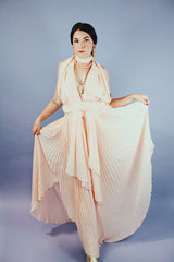 pink blush colored pleated halter dress floor length vintage 1980's