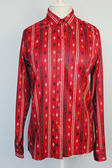 long sleeve button blouse maroon with all over print has collar vintage 1970's