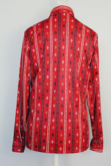 long sleeve button blouse maroon with all over print has collar vintage 1970's