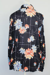 long sleeve floral printed button up blouse with collar vintage women's 1970's polyester
