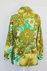 green floral print button up blouse with collar polyester vintage 1970's