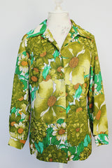 green floral print button up blouse with collar polyester vintage 1970's