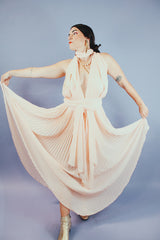 pink blush colored pleated halter dress floor length vintage 1980's