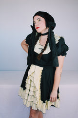 Women's vintage 1970's SaSabobs label two piece top and skirt set square dance costume in black and white.