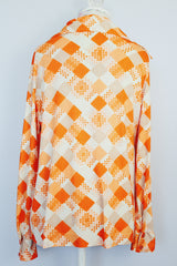 long sleeve orange and tan and white checkered print button up blouse vintage 1970's