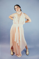 pink blush colored pleated halter dress floor length vintage 1980's