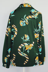 long sleeve forest green printed button up blouse with collar vintage 1970's polyester