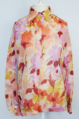 long sleeve button up sheer floral print blouse with collar vintage 1970's