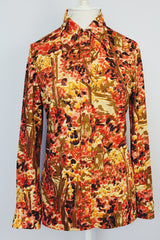 long sleeve abstract printed button up blouse with pointy collar vintage 1960's