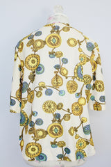 short sleeve printed button up blouse in cream vintage 1960's