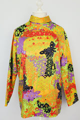 long sleeve abstract printed blouse with mock neck vintage 1970's polyester